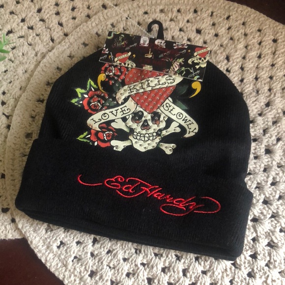 Ed Hardy Women’s Beanie Hats with Skull and Roses Design